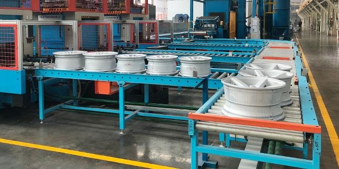 Automotive wheel and tire conveying line